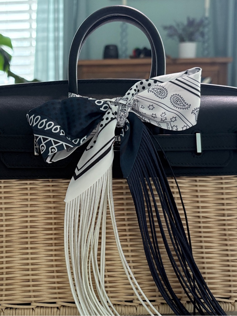 Fringe Handbag Wraps in Navy and White Fringe
